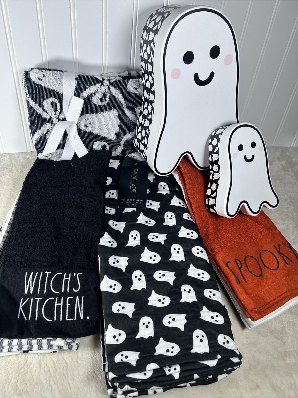 NEW Halloween Ghost Kitchen Towel Set Bundle, Rae Dunn Rachel Zoe Black White
